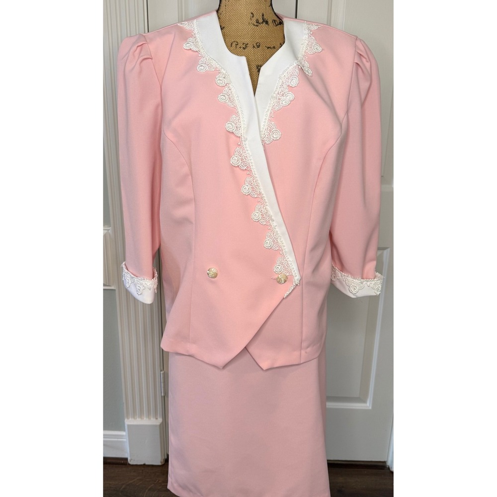 Jenny Vintage 90's Pink Lace Trim Suit Set Jacket Skirt Womens‎ Size 18